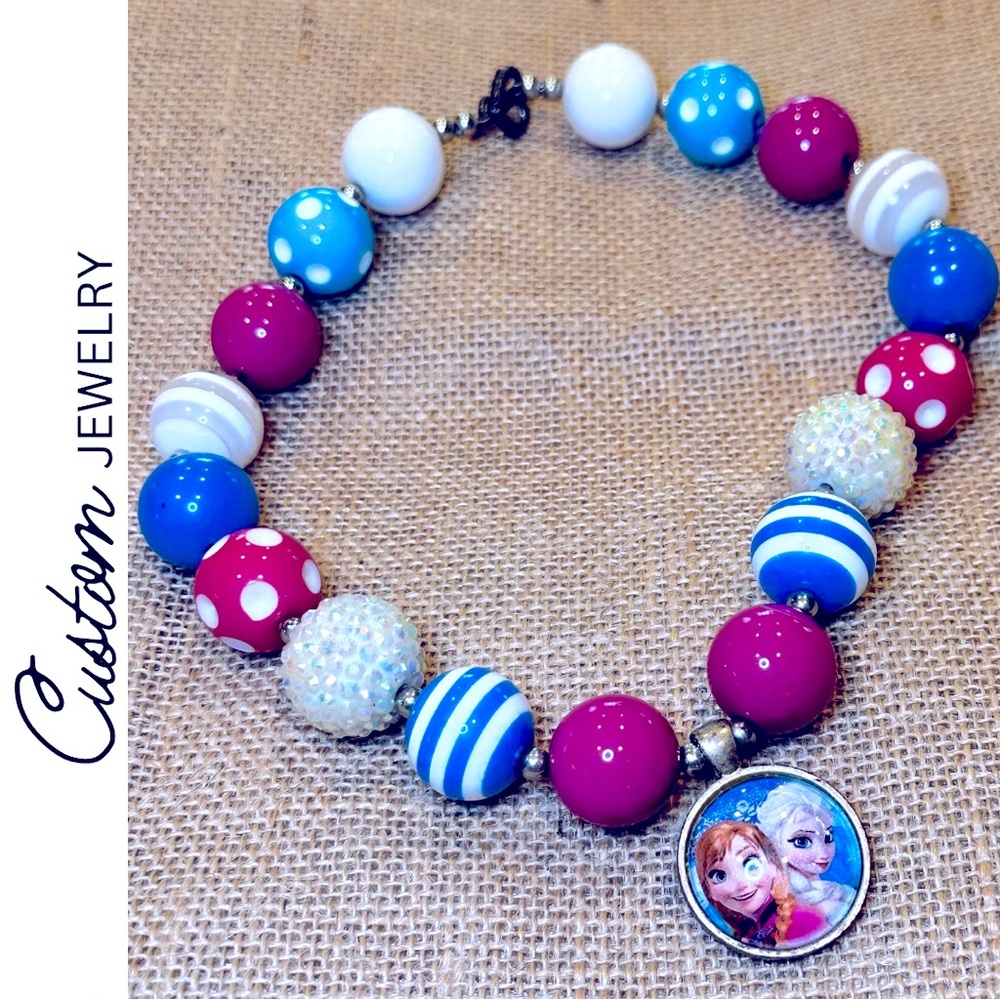 Chunky 18" Frozen Beaded Necklace Blue Purple Pink Silver Snowflake